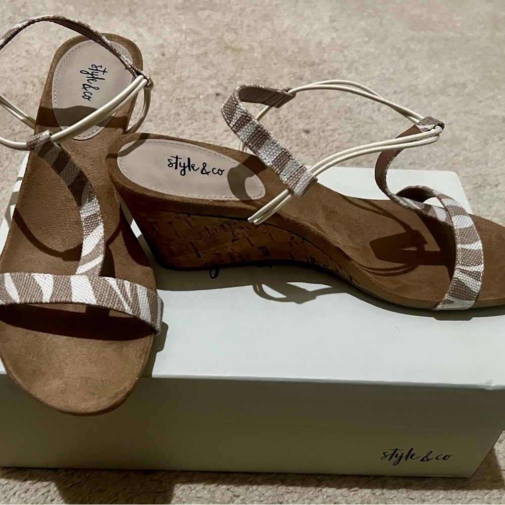 Style & Co. Tan and White Striped Wedge Sandals